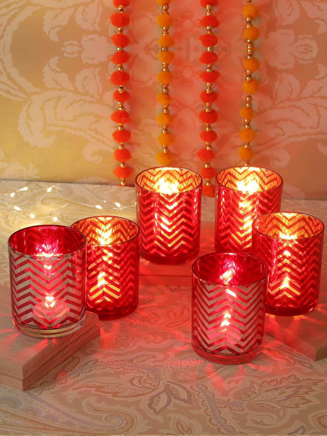 TIED RIBBONS Set Of 6 Red & Silver-Toned Decoartive Glass Votive Tealight Candle Holder