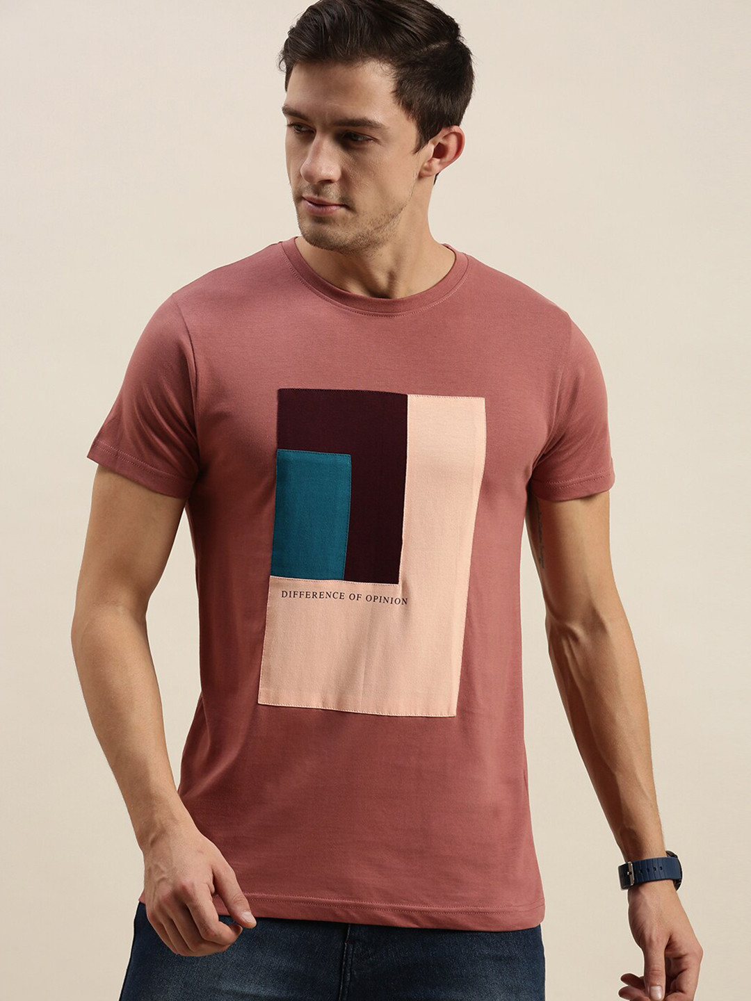 Difference of Opinion Men Pink Colourblocked Pockets T-shirt