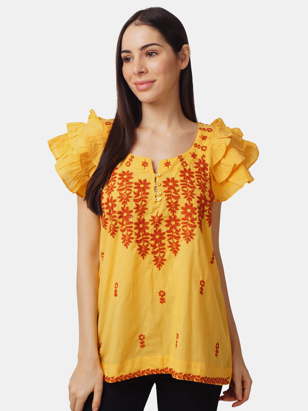 IX IMPRESSION Yellow Embroidered Regular Top
