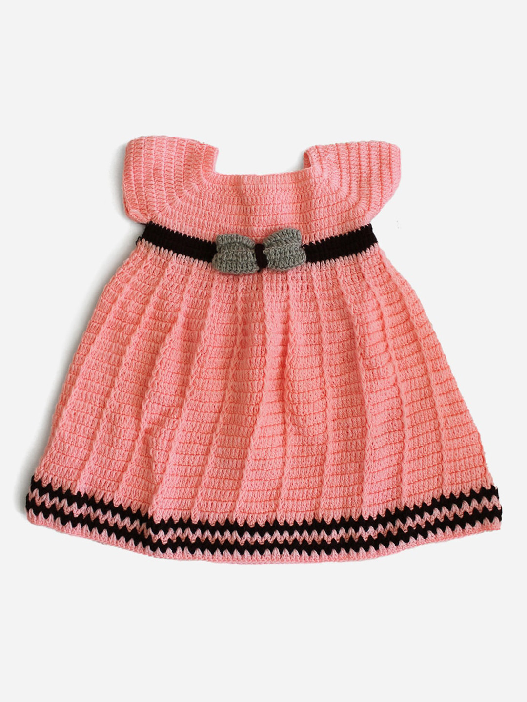 Woonie Handmade Peach-Coloured & Brown Color Hemline With Bow Applique Fit & Flare Dress