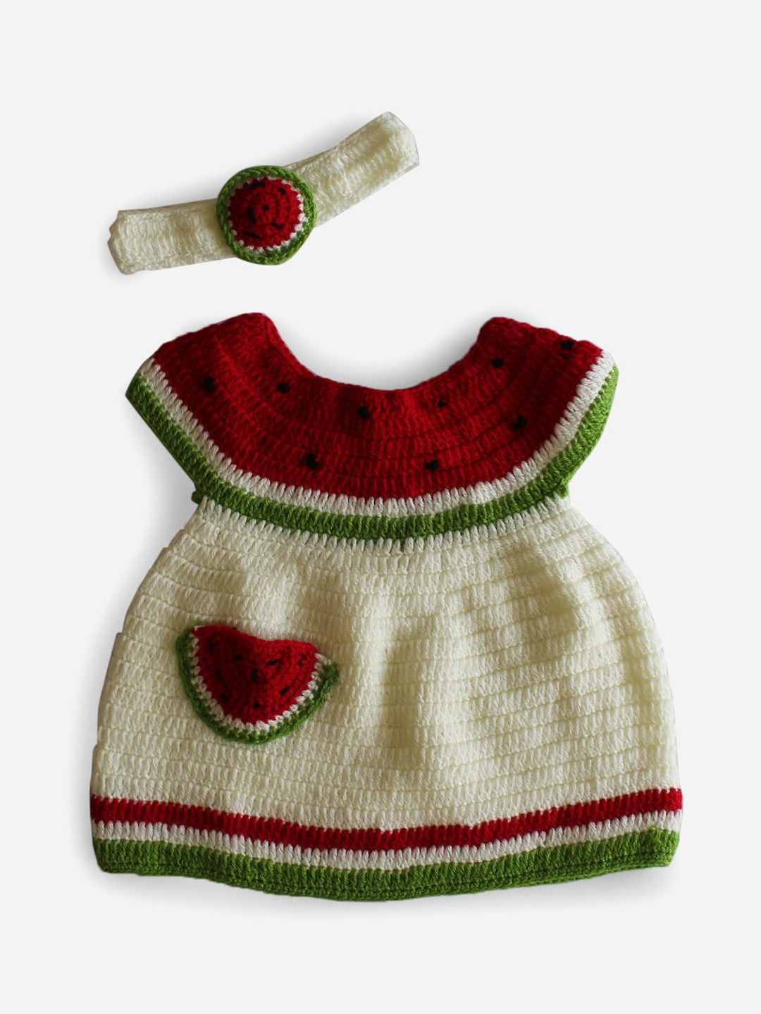 Woonie Girls Cream-Coloured & Red Handmade Knitted Watermelon Balloon Dress With Head Band