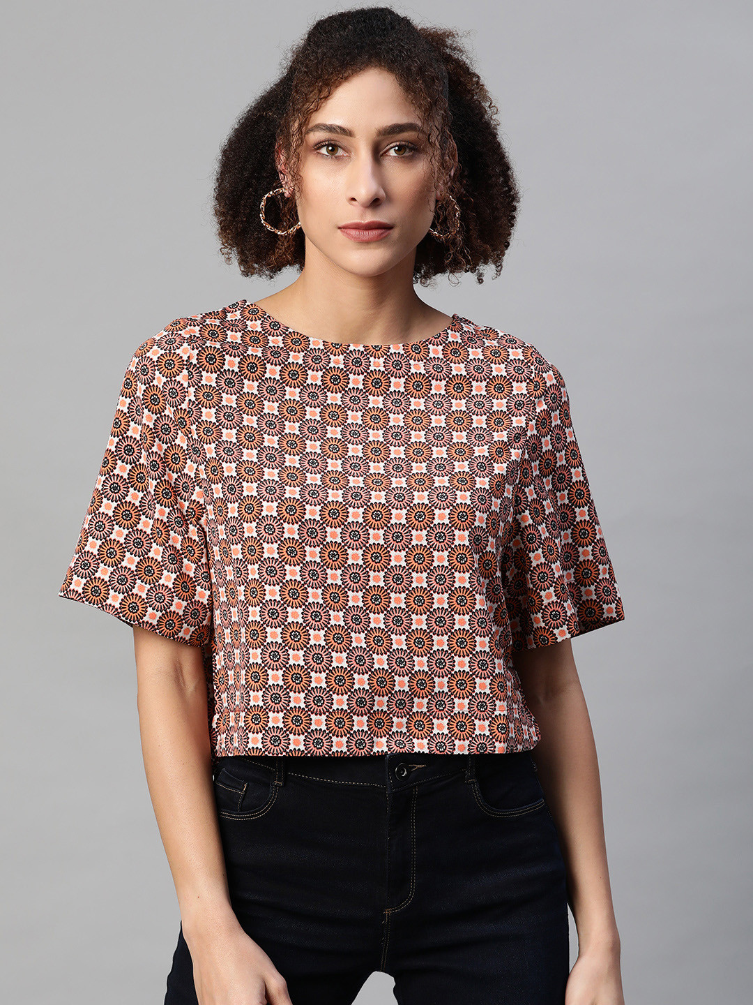 VARUSHKA Peach-Coloured & Black Floral Crepe Boxy Crop Top