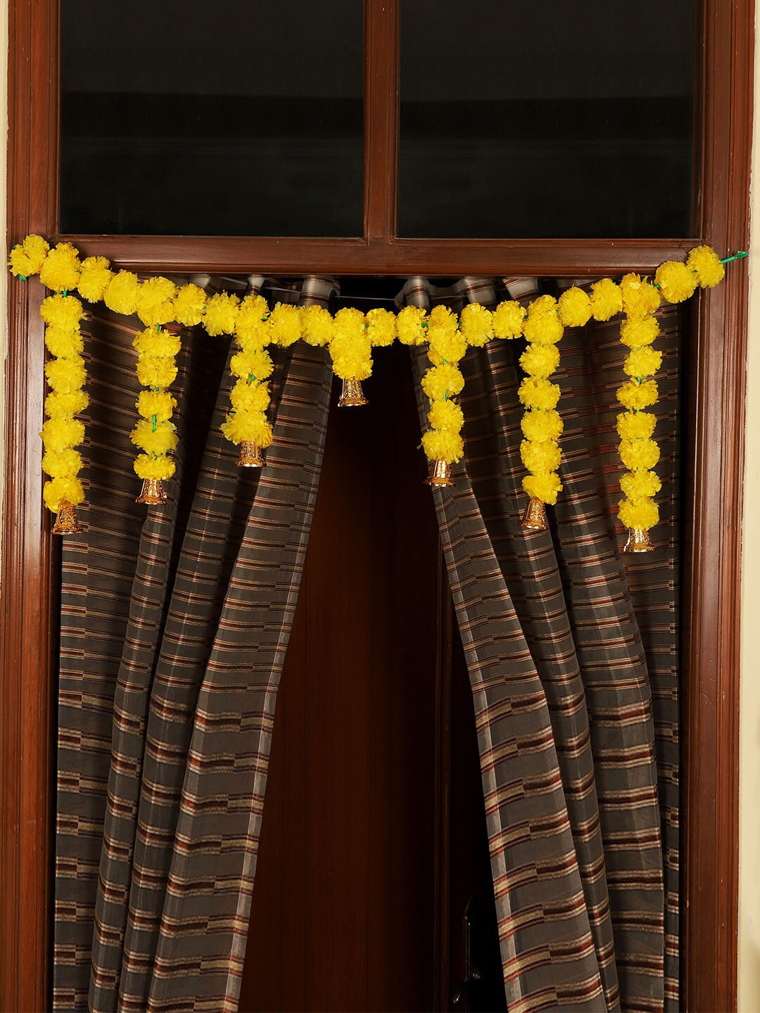 TIED RIBBONS Yellow Entrance Hanging Marigold Flowers Bandhanwar Toran Garland with Bells