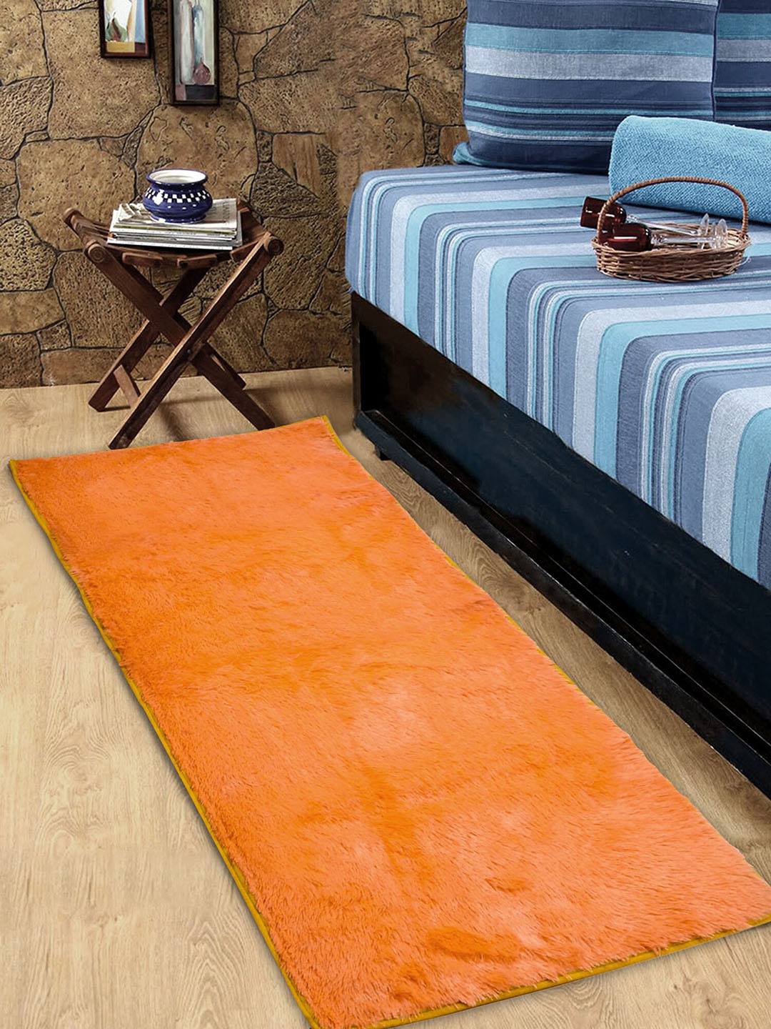 Kuber Industries Orange Solid Velvet Rectangular Floor Runner