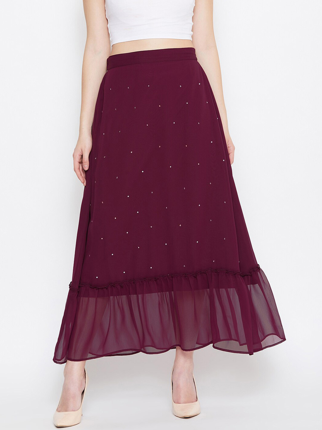 Bitterlime Women Burgundy Embellished Flared Maxi Skirt