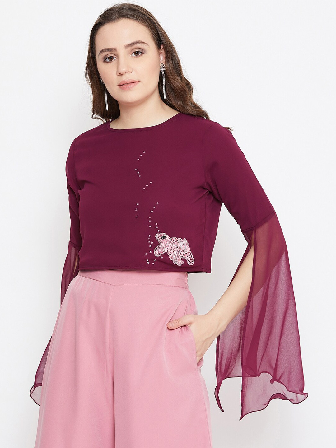 Bitterlime Burgundy & Pink Embellished Embroidered Placement Print Georgette Regular Top
