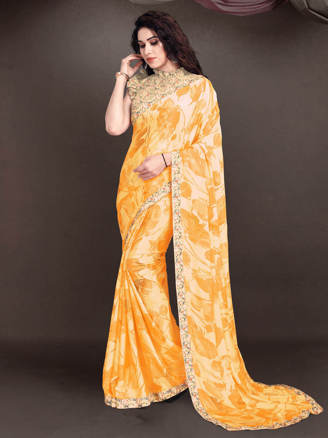 MIRCHI FASHION Yellow Floral Printed Bagh Saree