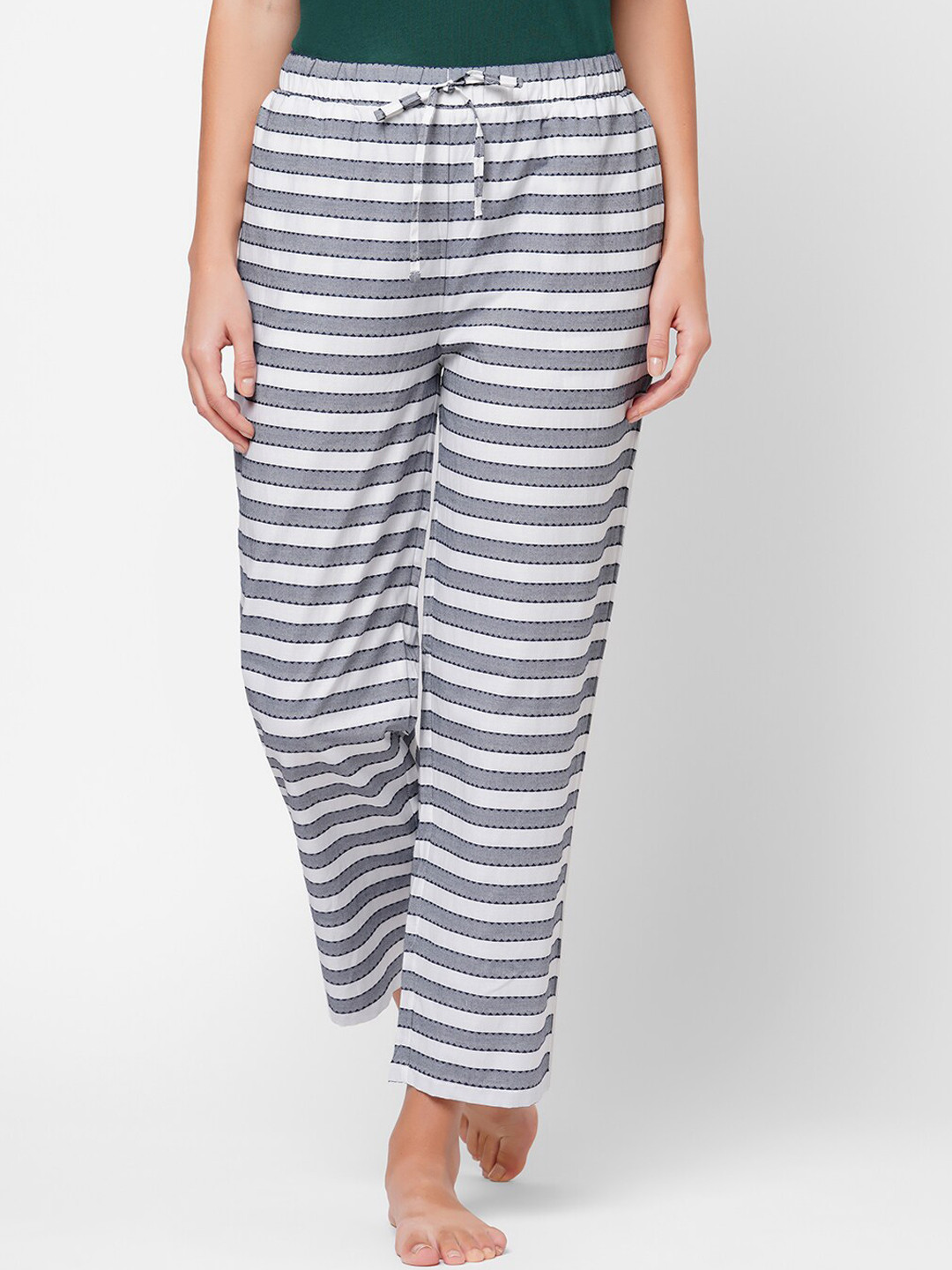 SOIE Women White & Grey Super-soft Rayon Striped Lounge Pants