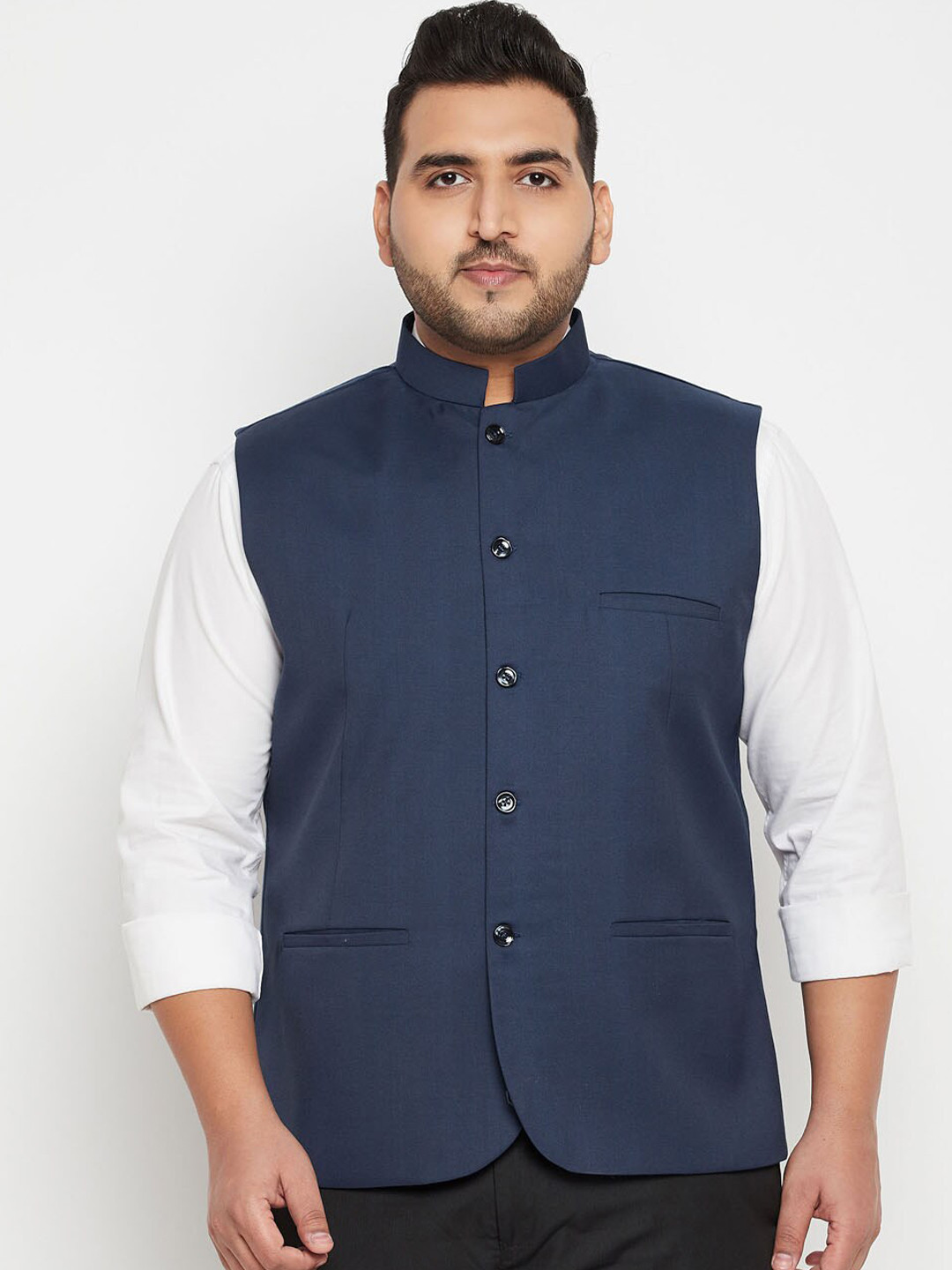 VASTRAMAY Men Plus Size Navy Blue Solid Woven Nehru Jacket