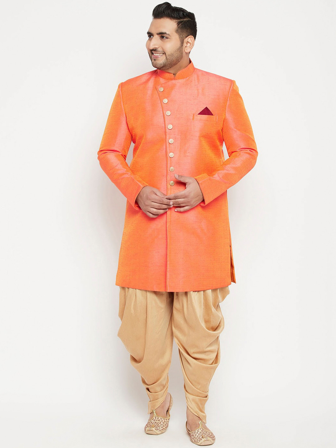 VASTRAMAY Men Orange & Beige Solid Slim-Fit Sherwani Set
