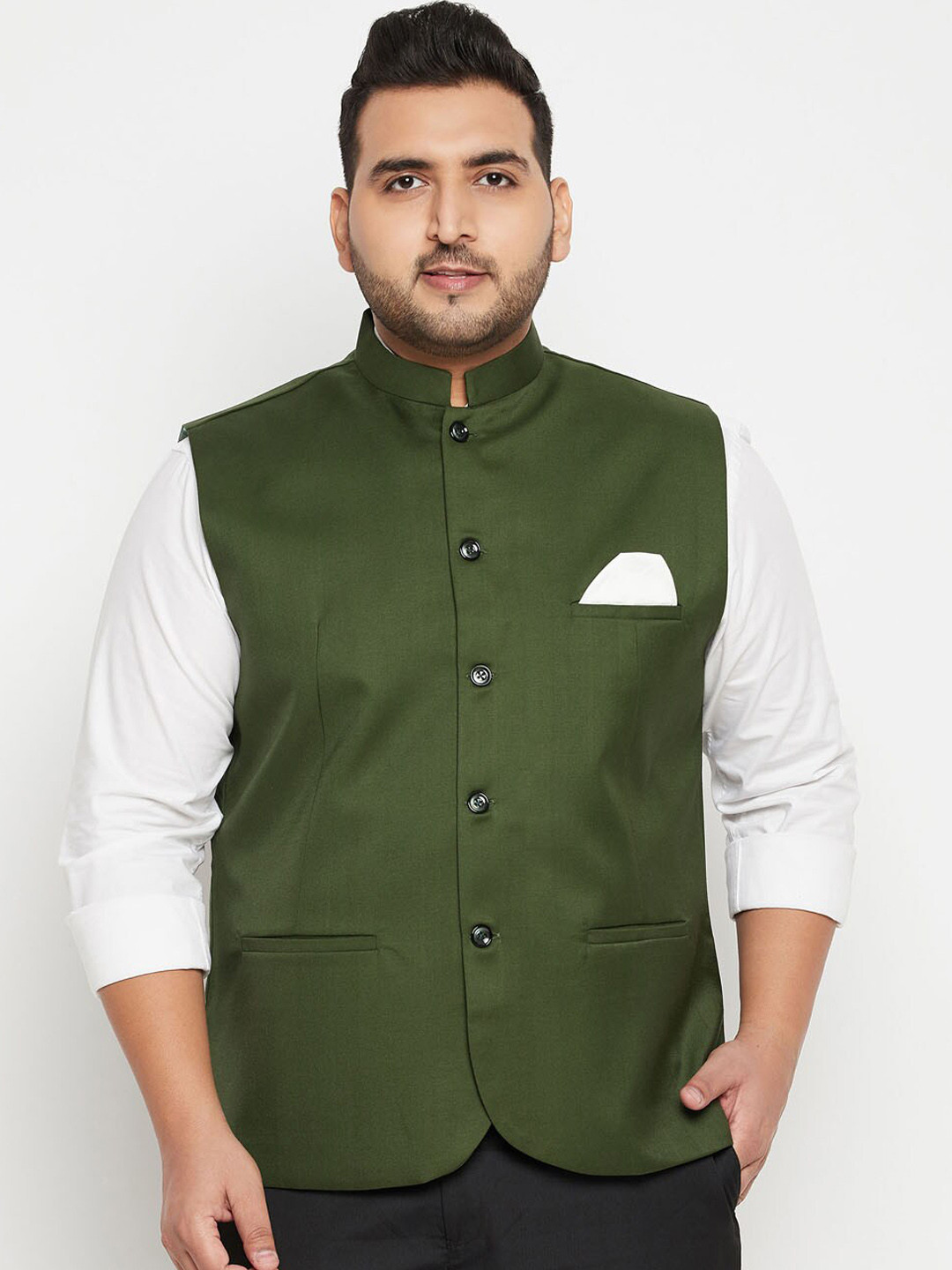 VASTRAMAY Men Green Solid Slim-Fit Woven Plus Size Nehru Jacket