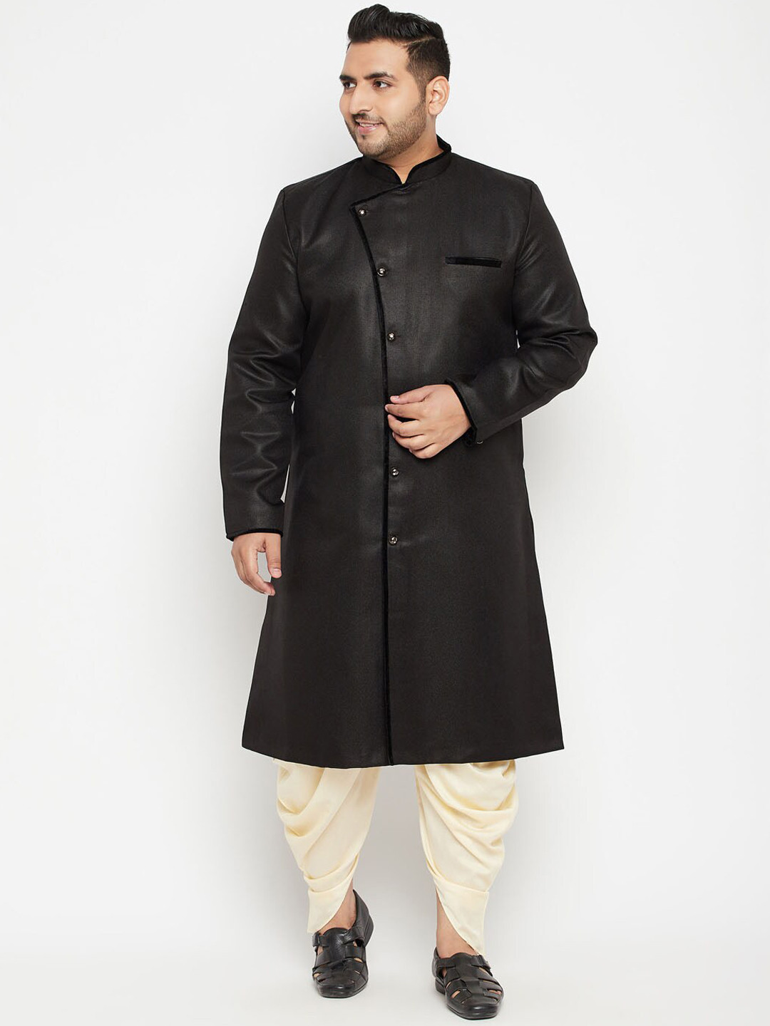 VASTRAMAY Men Black & Beige Slim-Fit Sherwani Set