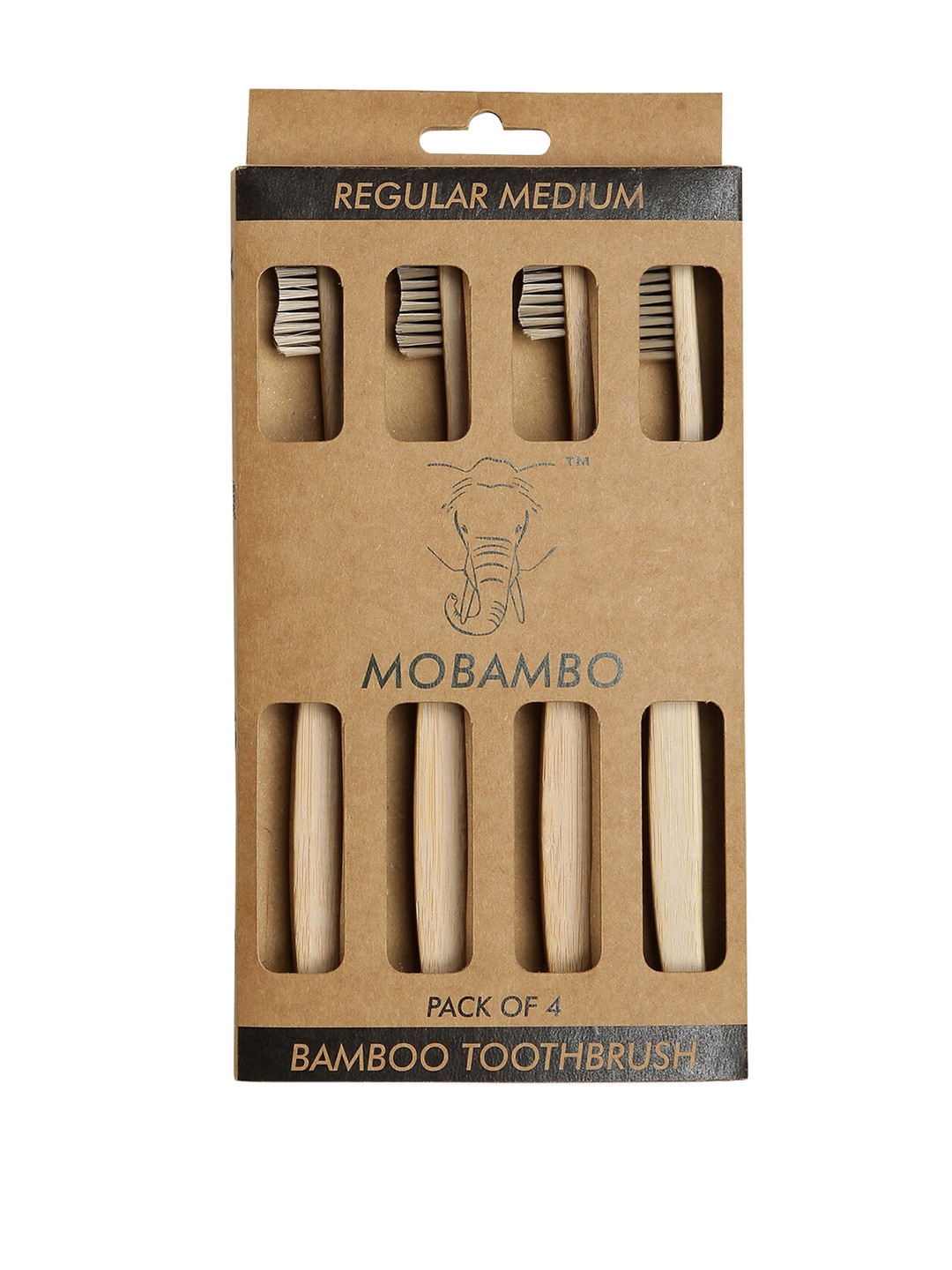 MOBAMBO Brown Set Of 4 Regular Medium Bamboo Toothbrushes
