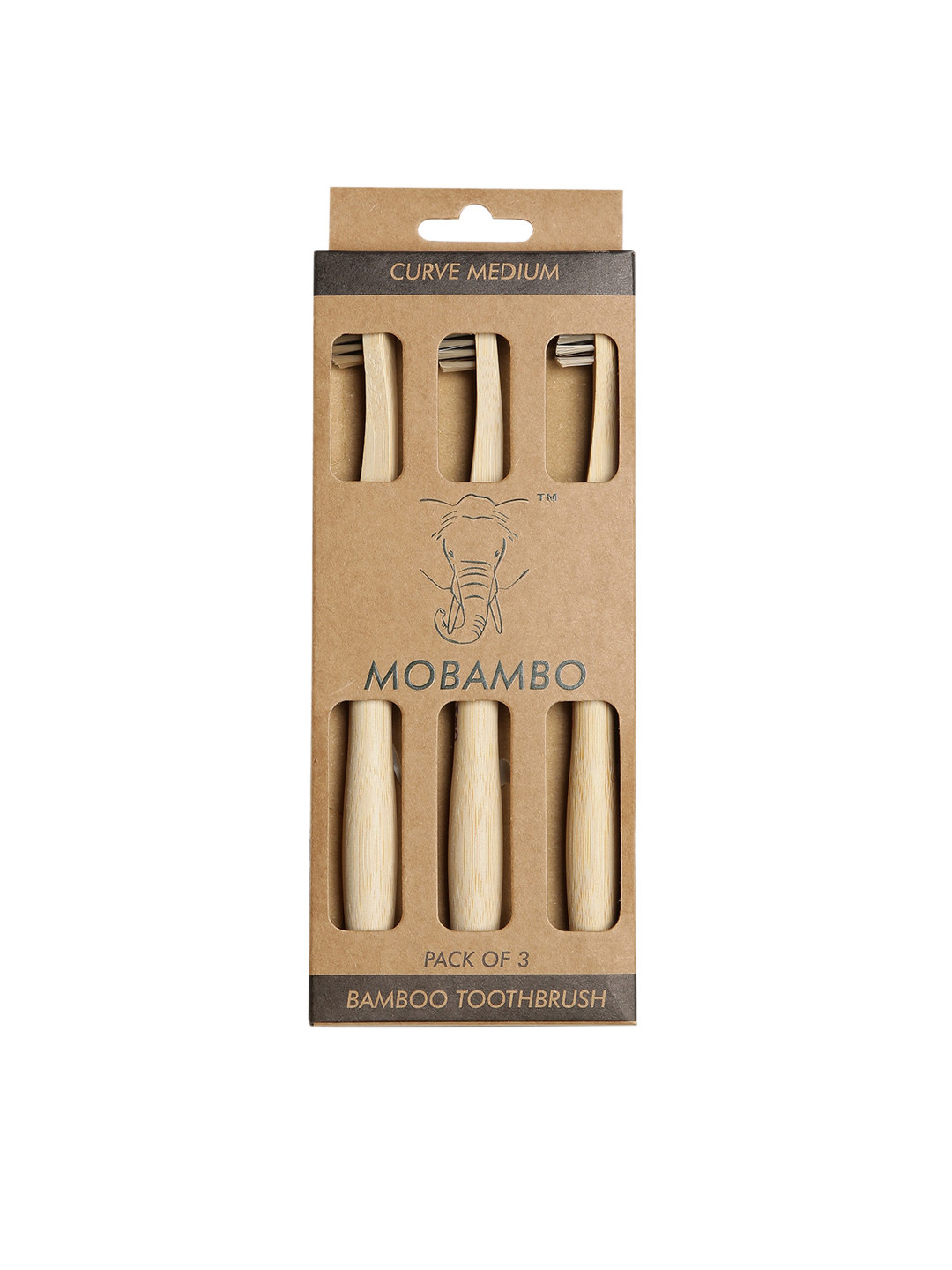 MOBAMBO Brown Set Of 3 Curve Handle Medium Bamboo Toothbrushes