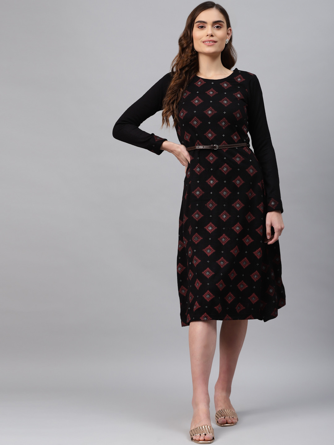 Rangriti Black & Maroon Ethnic Motifs Printed  A-Line Dress