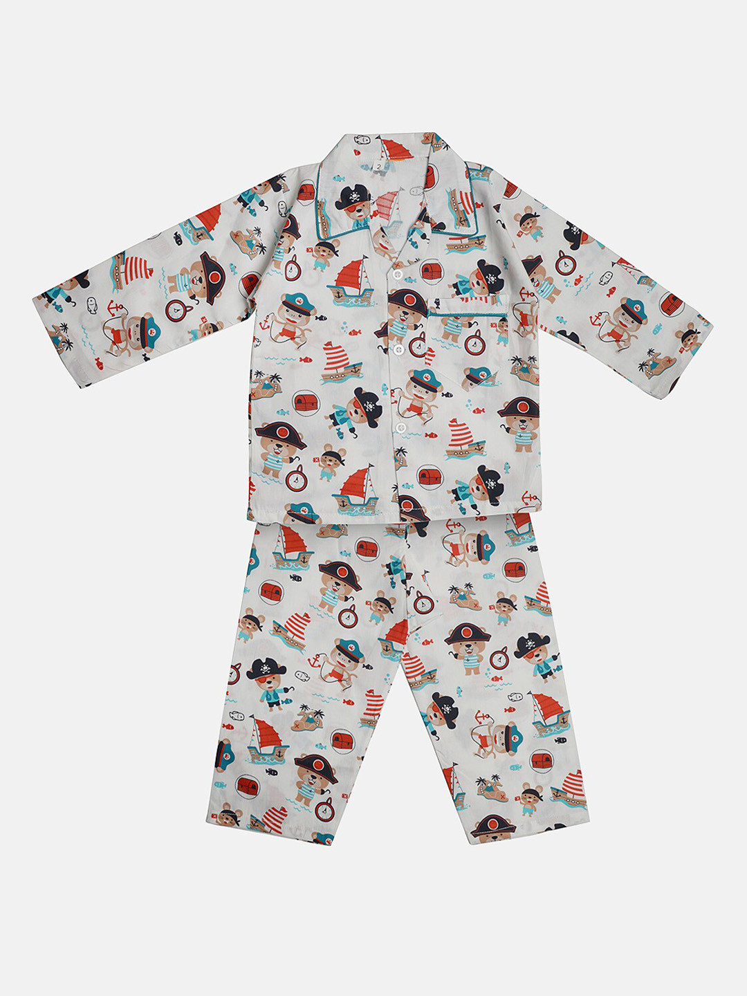 TINY HUG Boys White & Red Printed Night suit