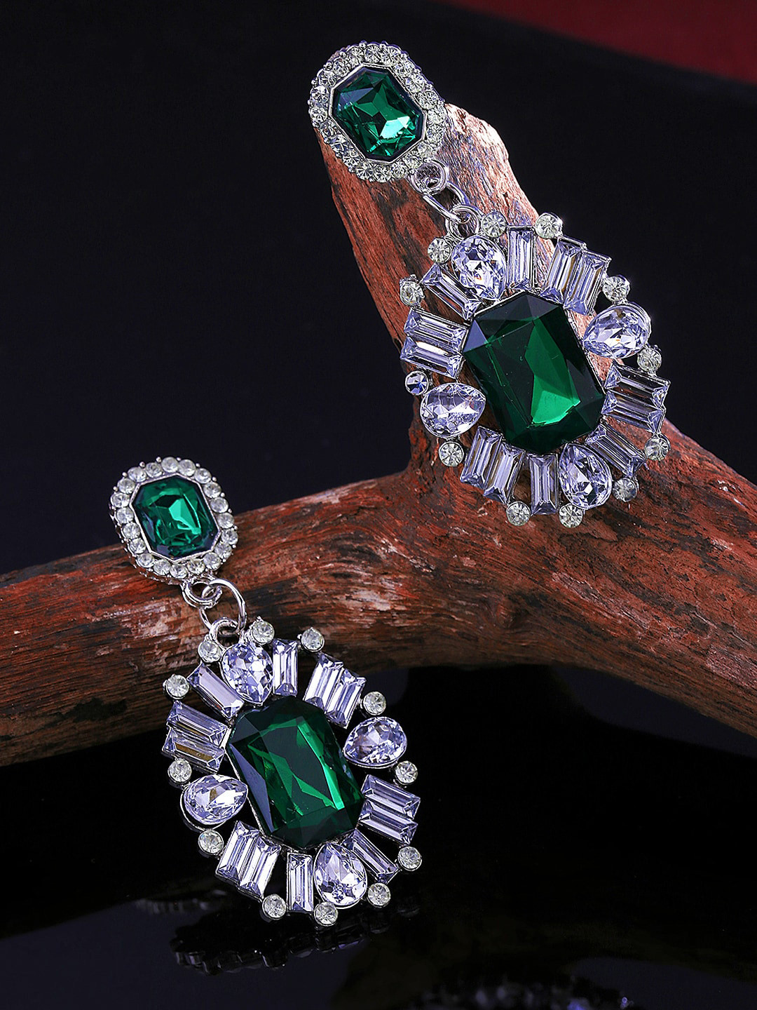 Yellow Chimes Rhodium-Plated White & Green Classic Drop Earrings