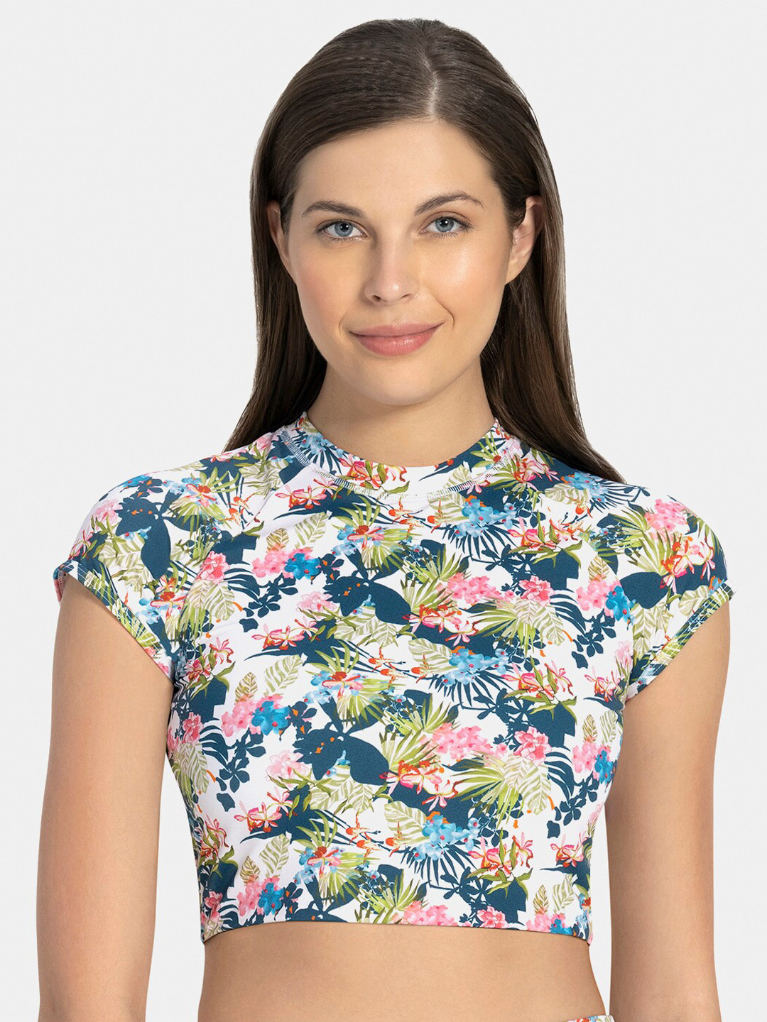 Amante Women White & Green Printed Swim Padded Crop Top