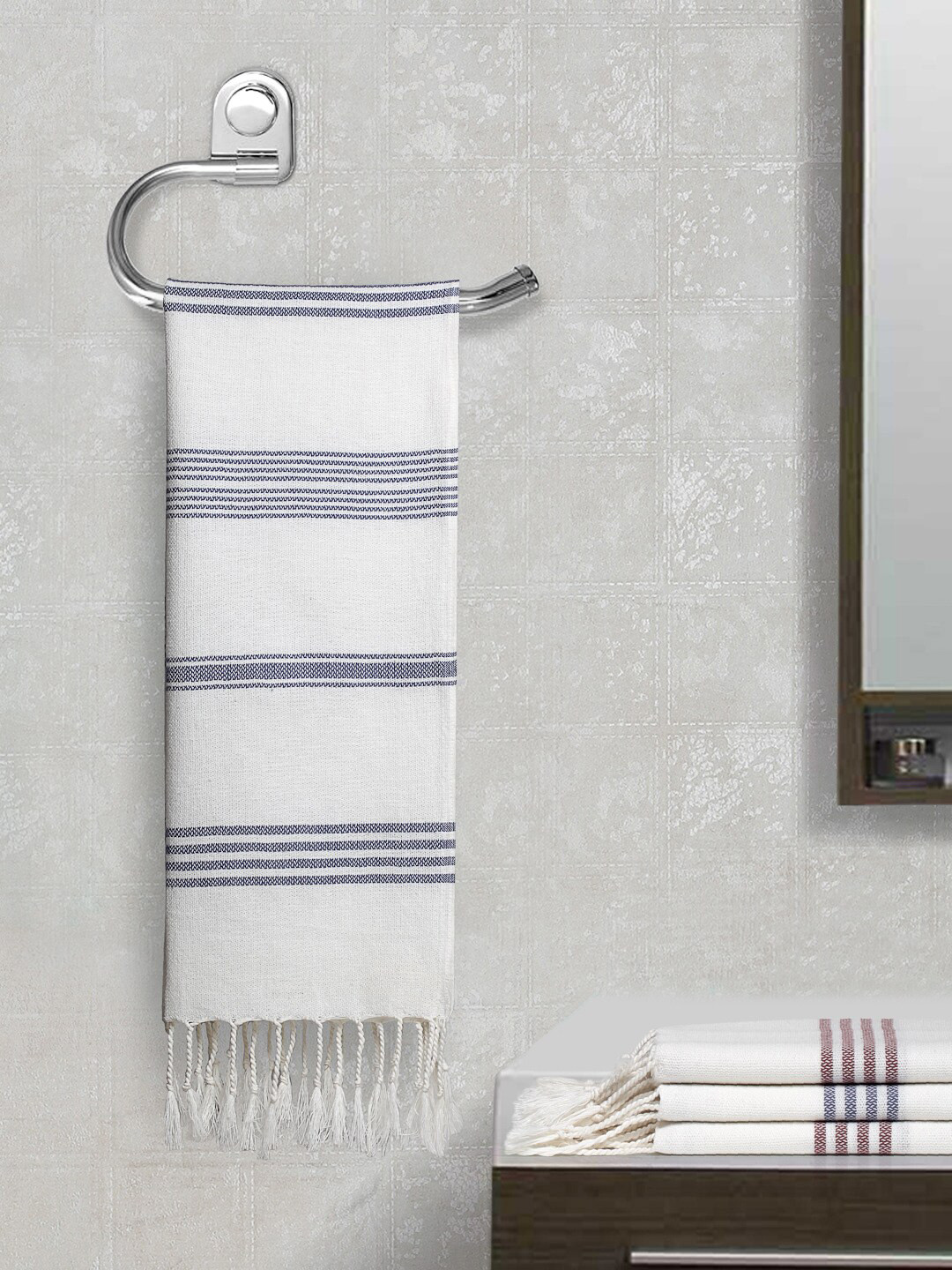 Arrabi Set Of 4 Off-White Striped Handwoven Cotton 210 GSM Hand Towels