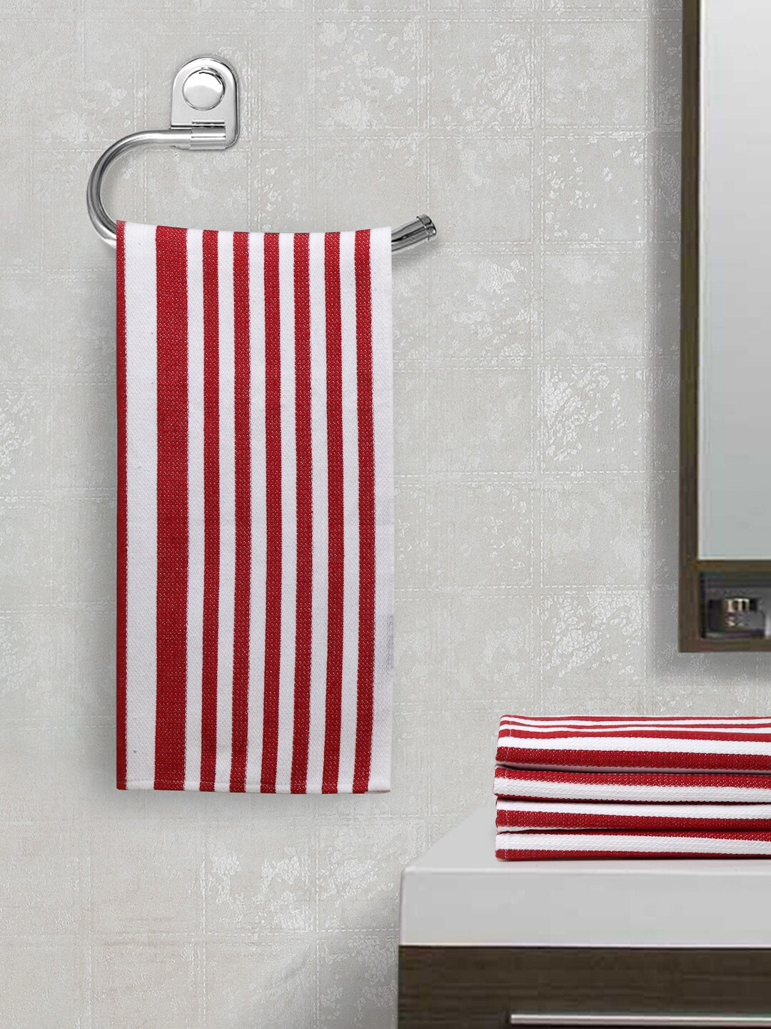 Arrabi Unisex Set Of 5 Red & White Striped 210 GSM Hand Towels