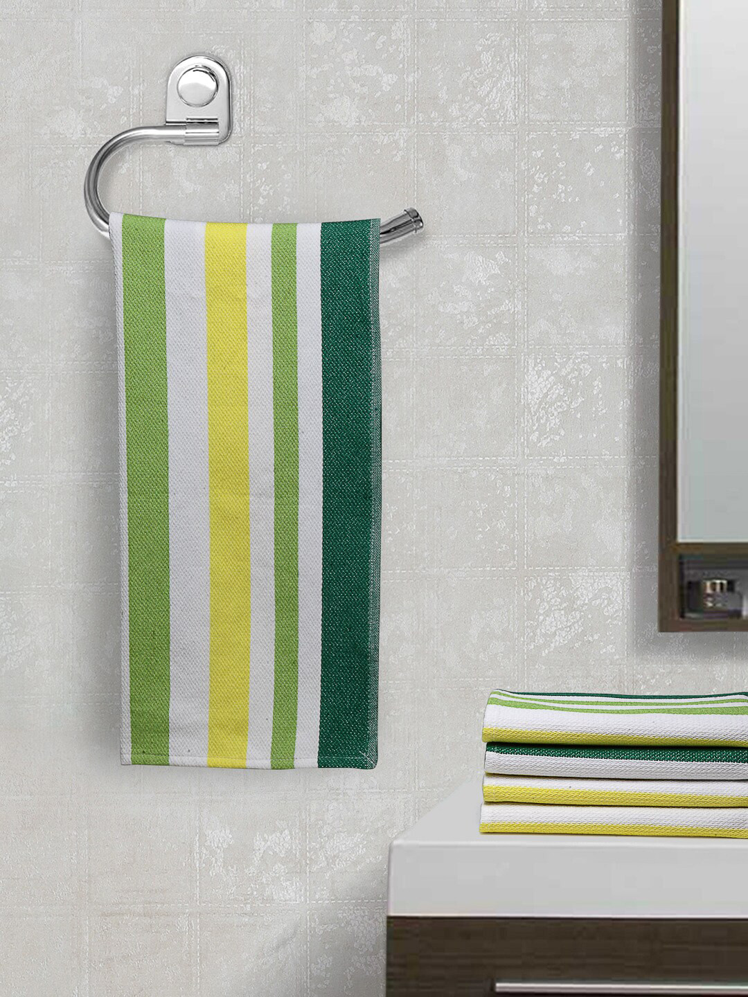 Arrabi Set Of 4 Yellow & Green Stiped Cotton 210 GSM Hand Towels