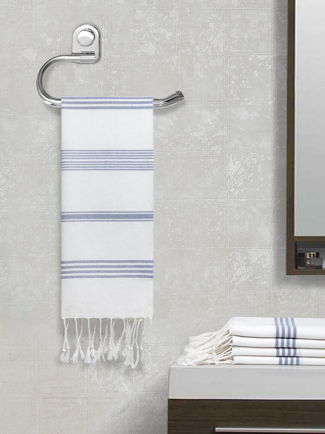 Arrabi Set Of 5 Blue & White Striped Hand-Woven 210 GSM Cotton Hand Towels