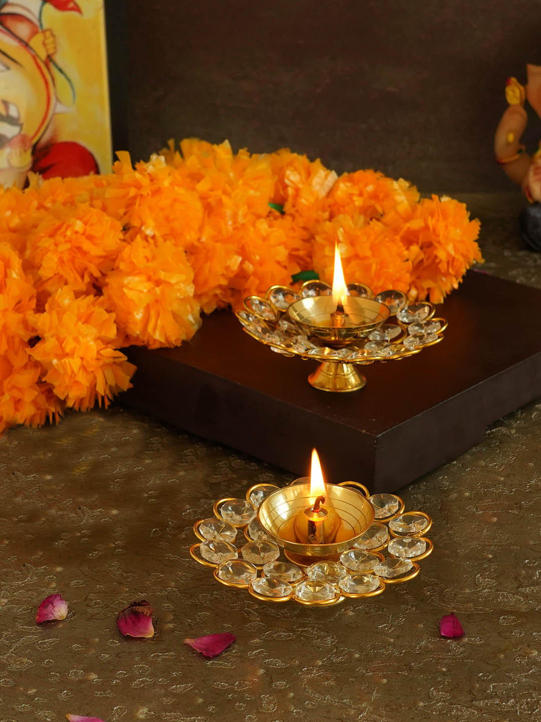 TIED RIBBONS Set of 2 Decorative Crystal Pooja Diya Oil Lamp Holder