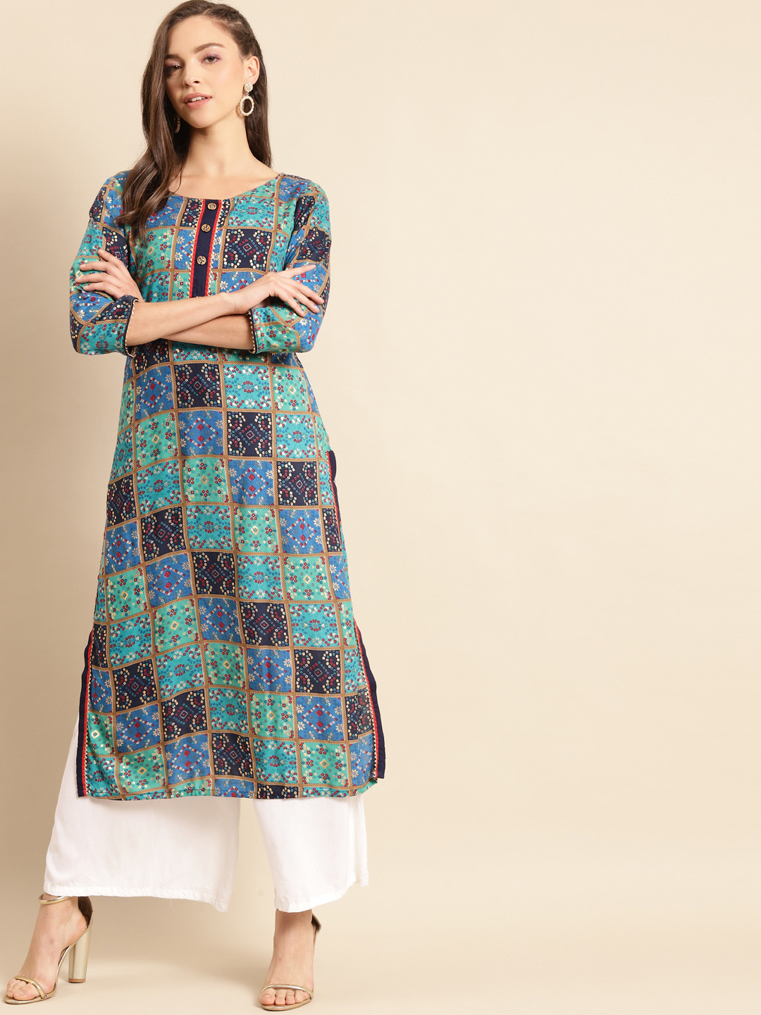 RANGMAYEE Women Blue & Green Bandhani Printed Indie Prints Liva Kurta