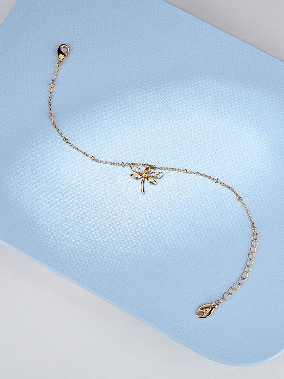 Accessorize London Women Gold-Plated & White Crystals Dragonfly Clasp Charm Bracelet