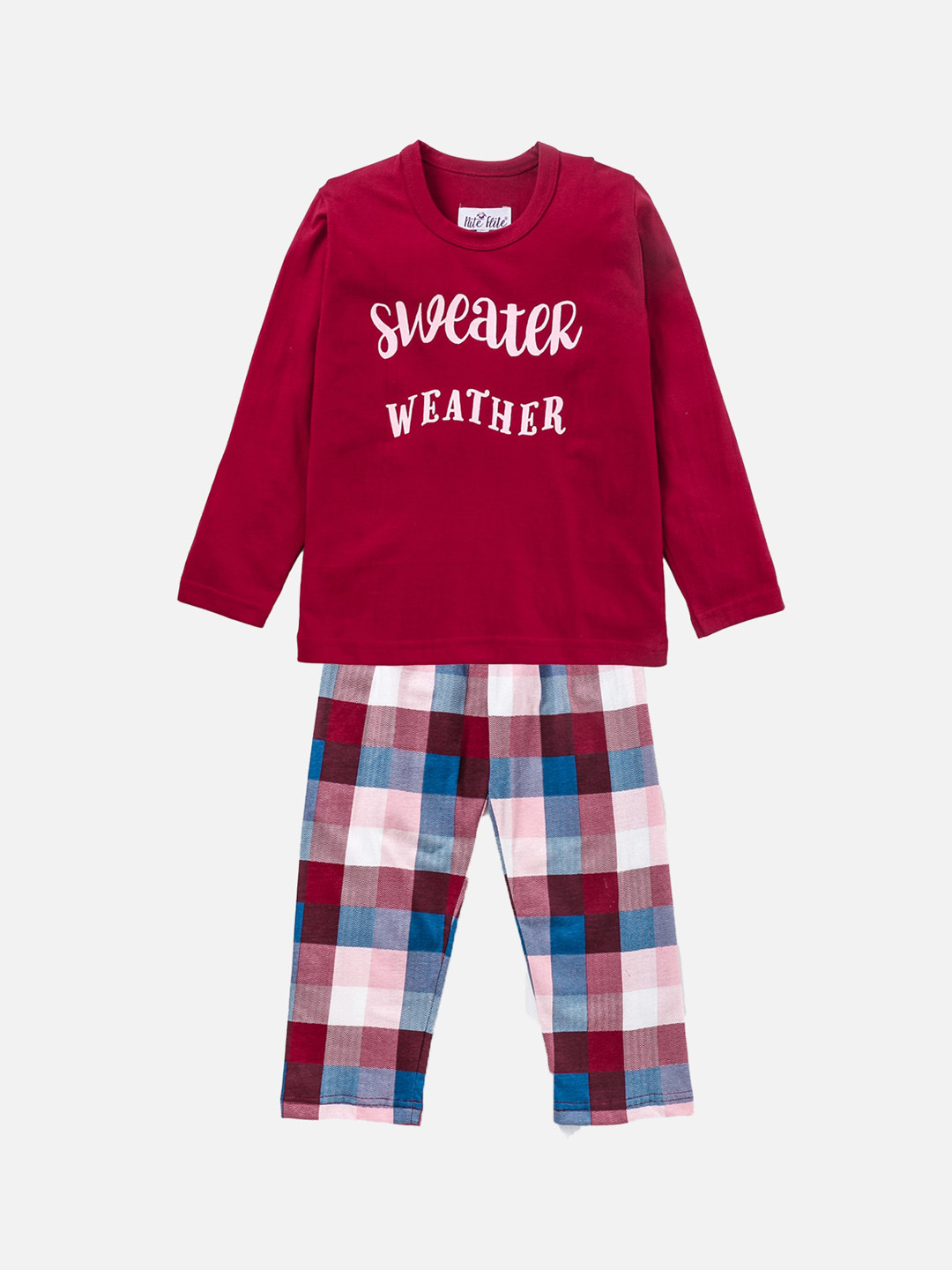 Nite Flite Unisex Kids Maroon & Blue Pure Cotton Printed Night suit