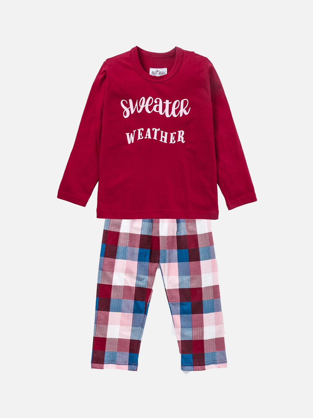 Nite Flite Unisex Kids Maroon & White Pure Cotton Printed Night suit