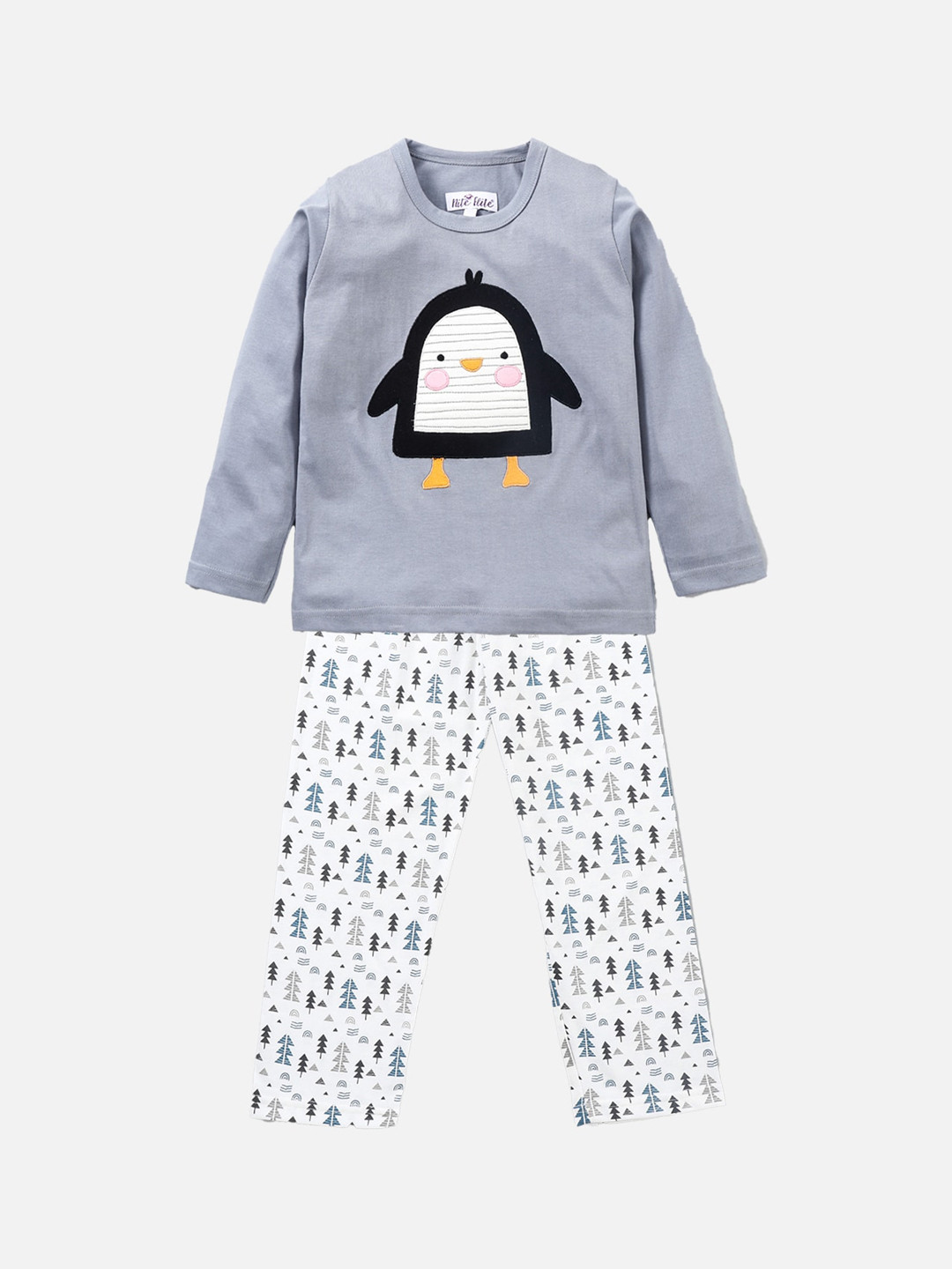Nite Flite Unisex Kids White & Grey Pure Cotton Printed Night suit