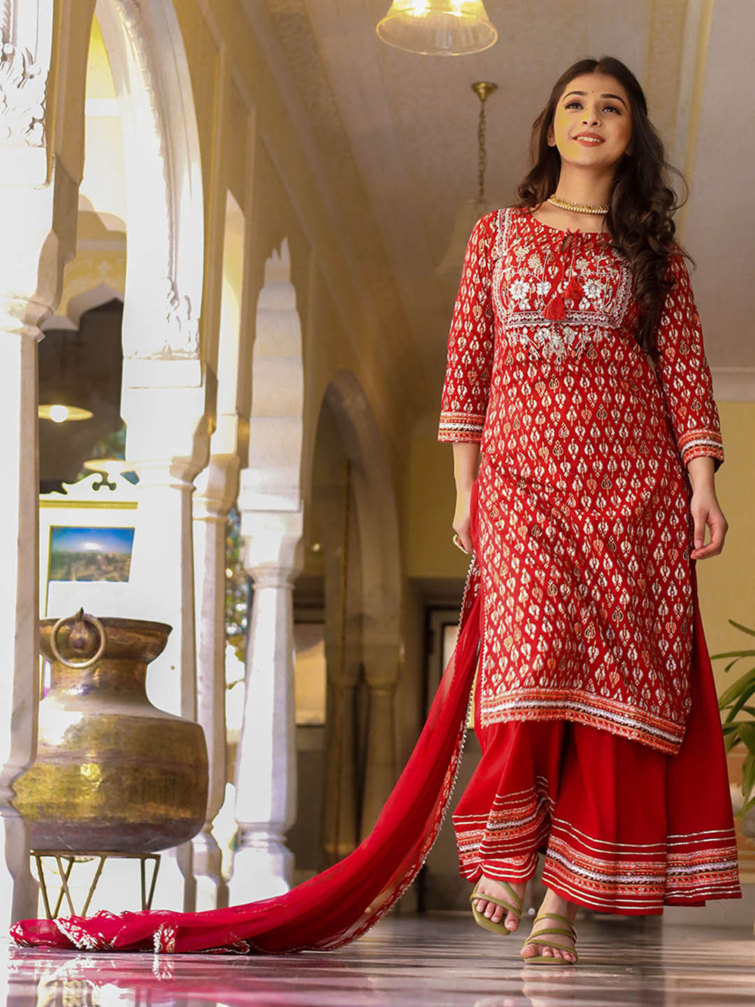 Divena Women Maroon Floral Printed Regular Gotta Patti Pure Cotton Kurta with Palazzos & With Dupatta