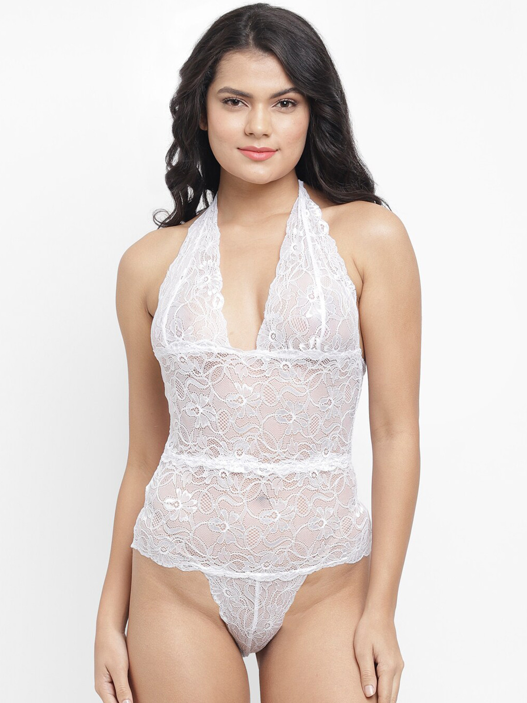 N-Gal Women White Self-Design Lace Bodysuit