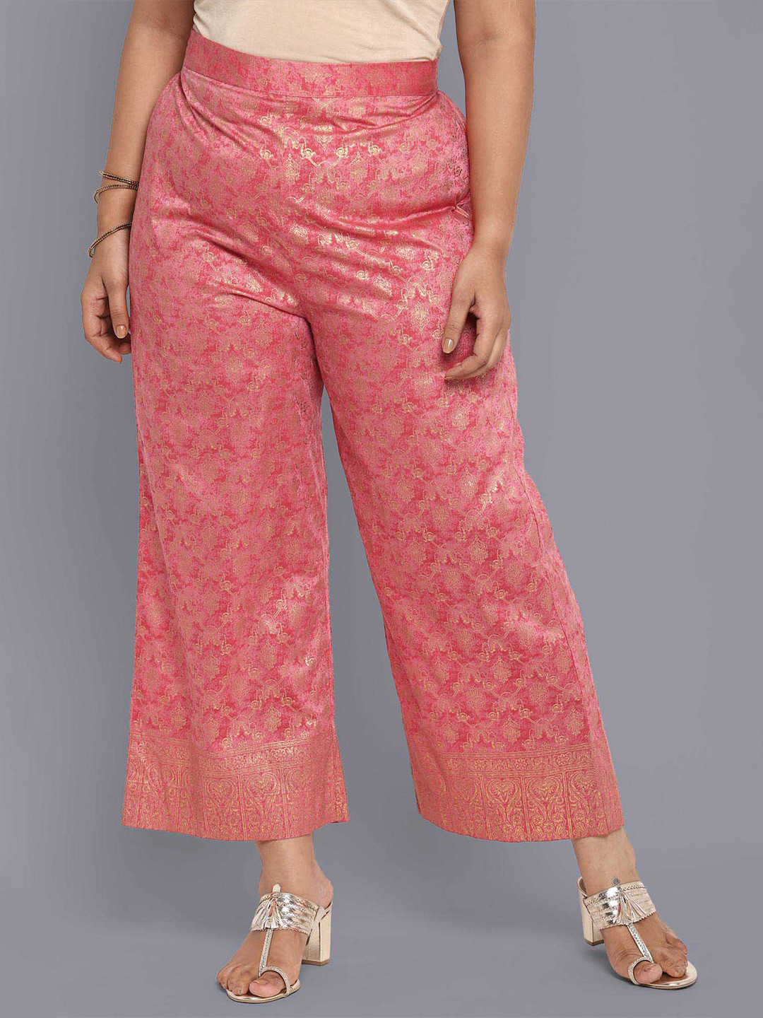 AURELIA Women Pink & Gold-Toned Paisley Printed Knitted Ethnic Palazzos