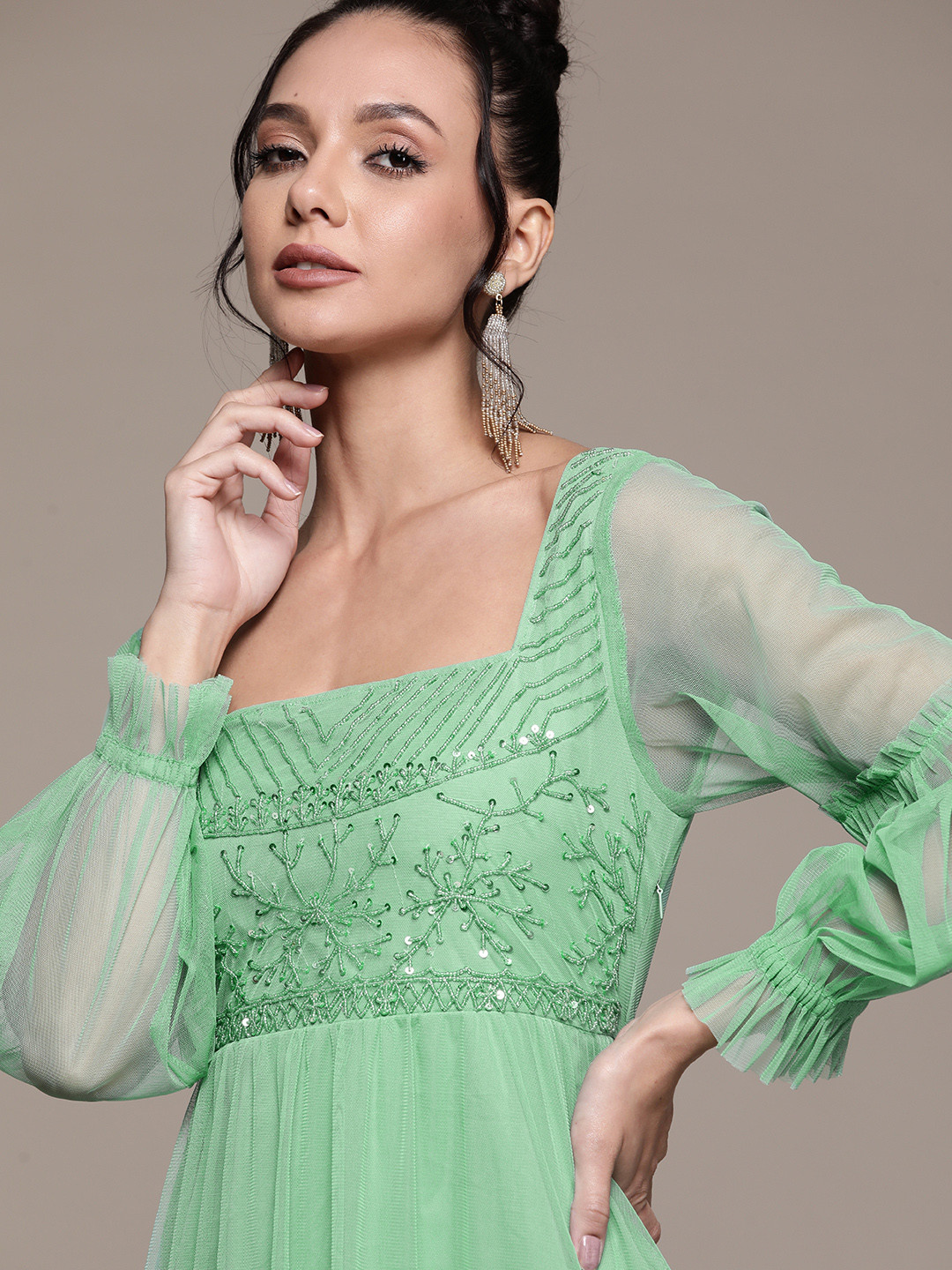 Antheaa Sea Green Embellished Chiffon Midi Dress