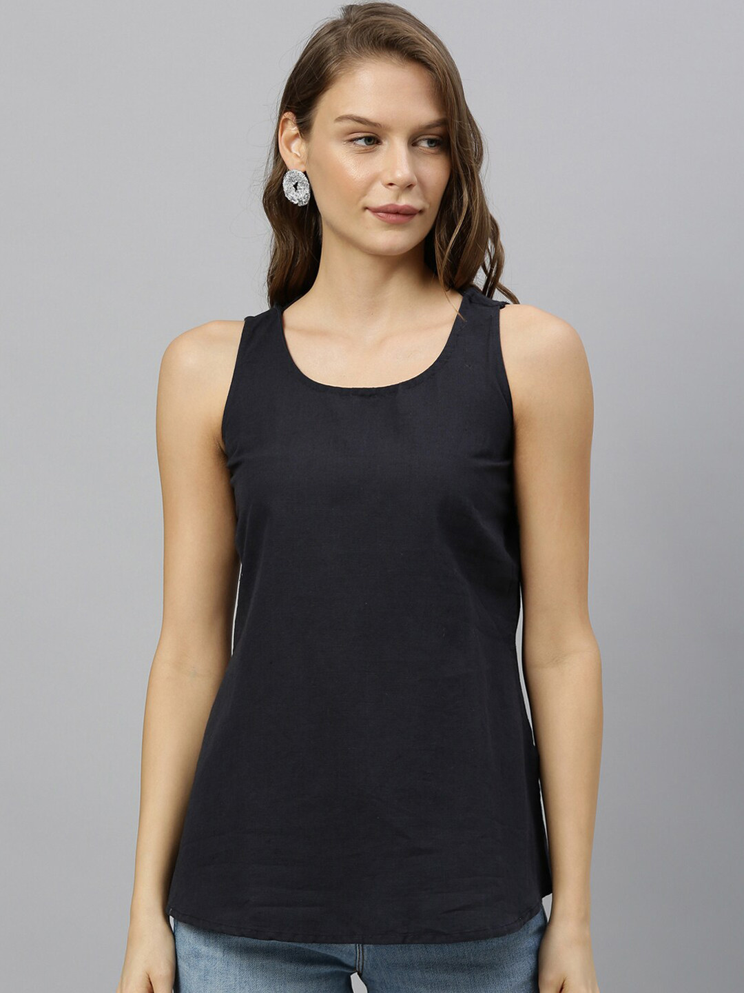 RAREISM Women Navy Blue Solid Cotton Tank Top