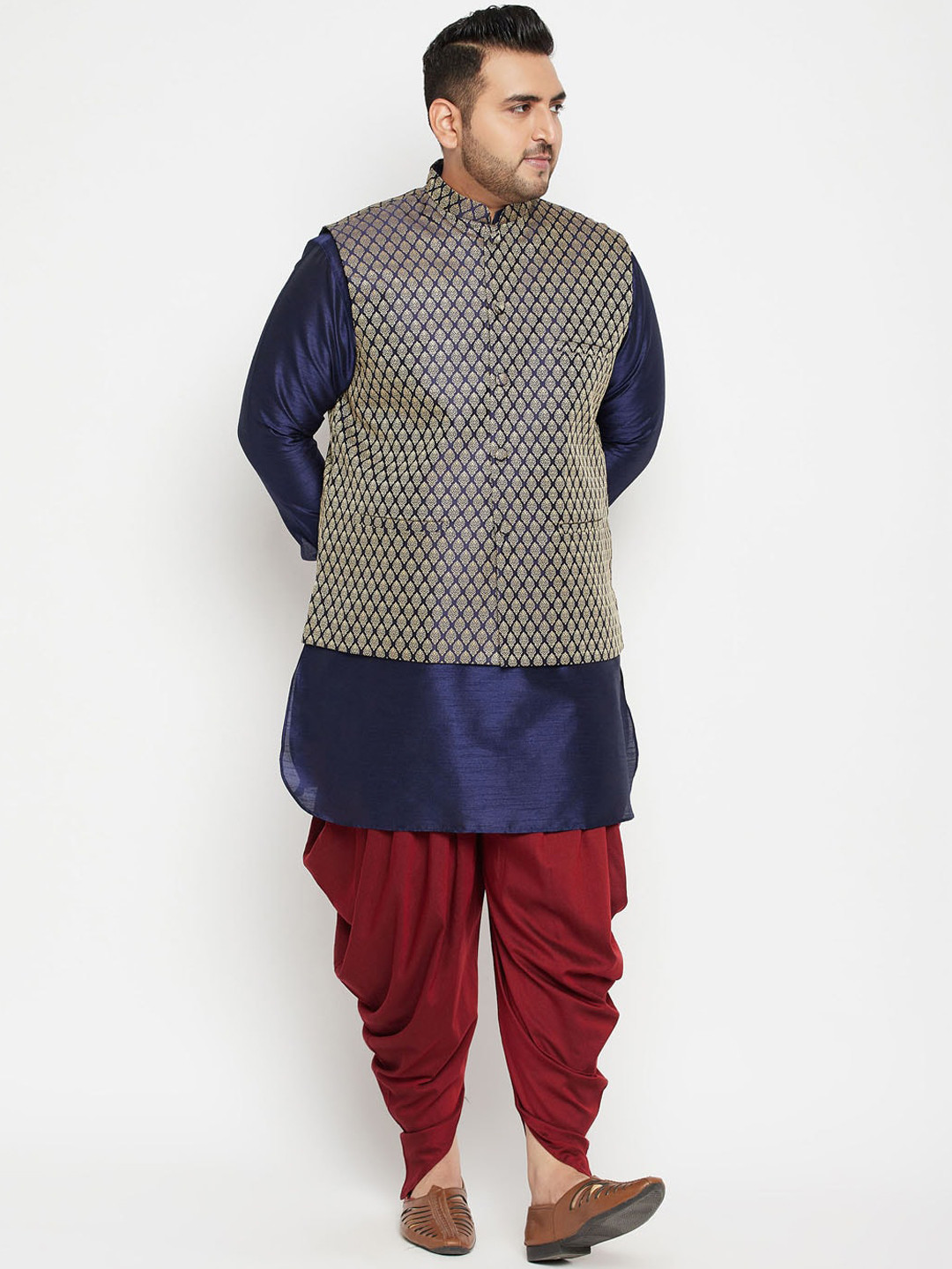 VASTRAMAY Men Plus Size Kurta with Dhoti Pant & Woven Nehru Jacket