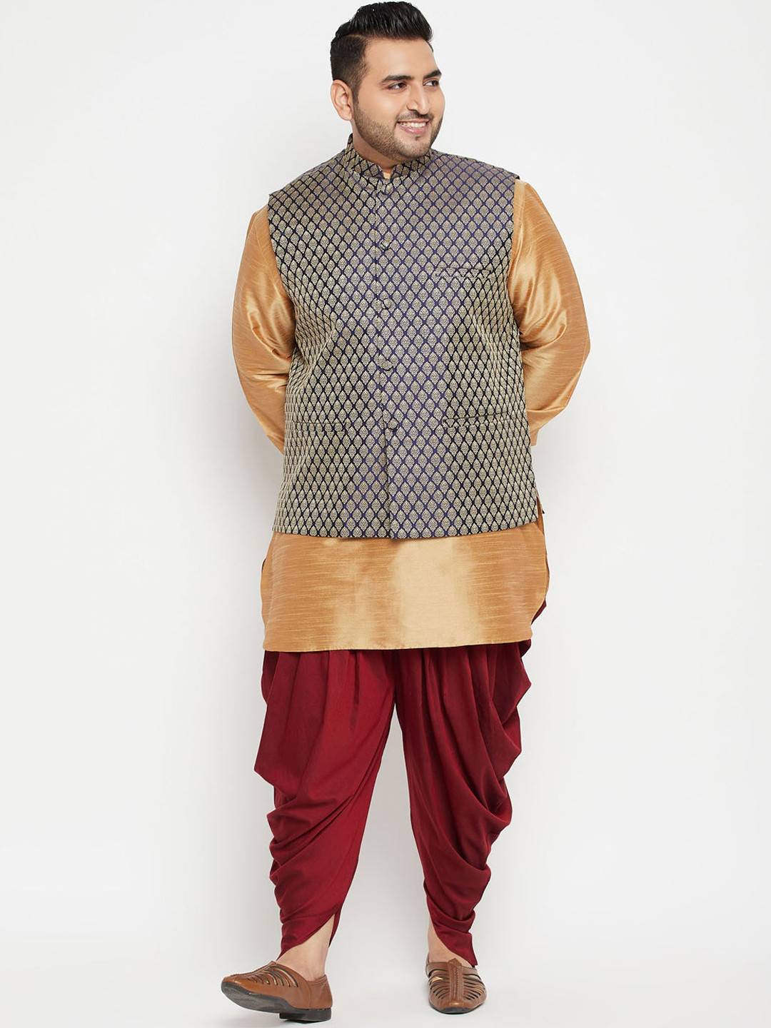 VASTRAMAY Men Rose Gold Layered Kurta with Dhoti Pants
