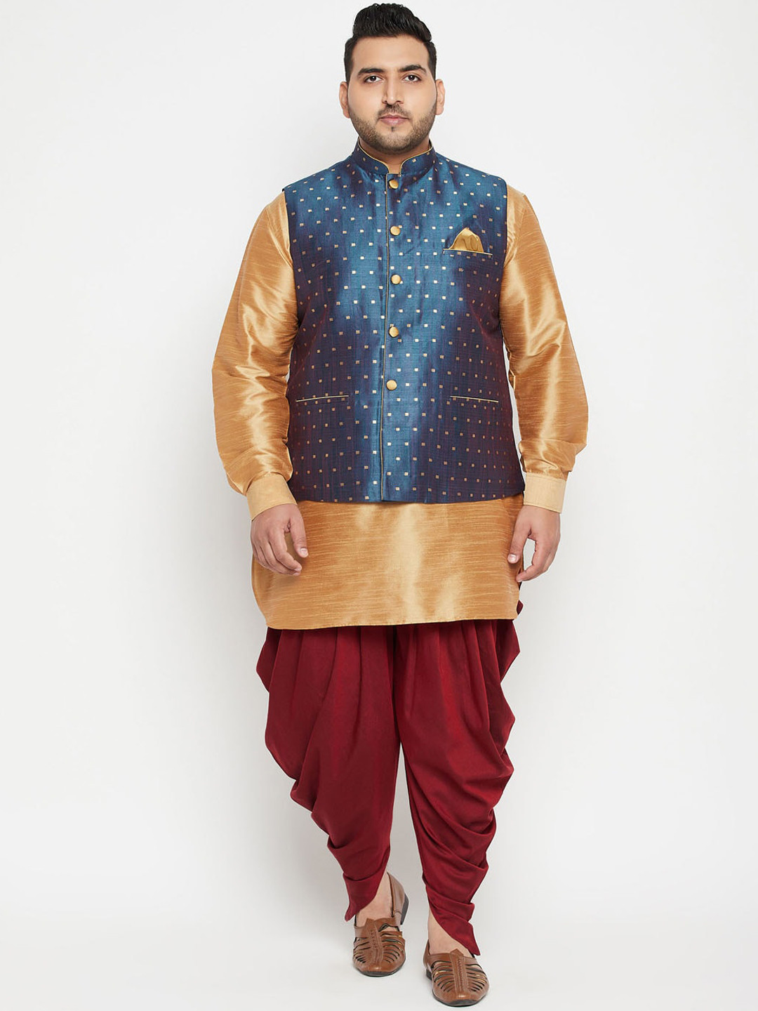 VASTRAMAY Men Rose Gold Layered Kurta with Dhoti Pants