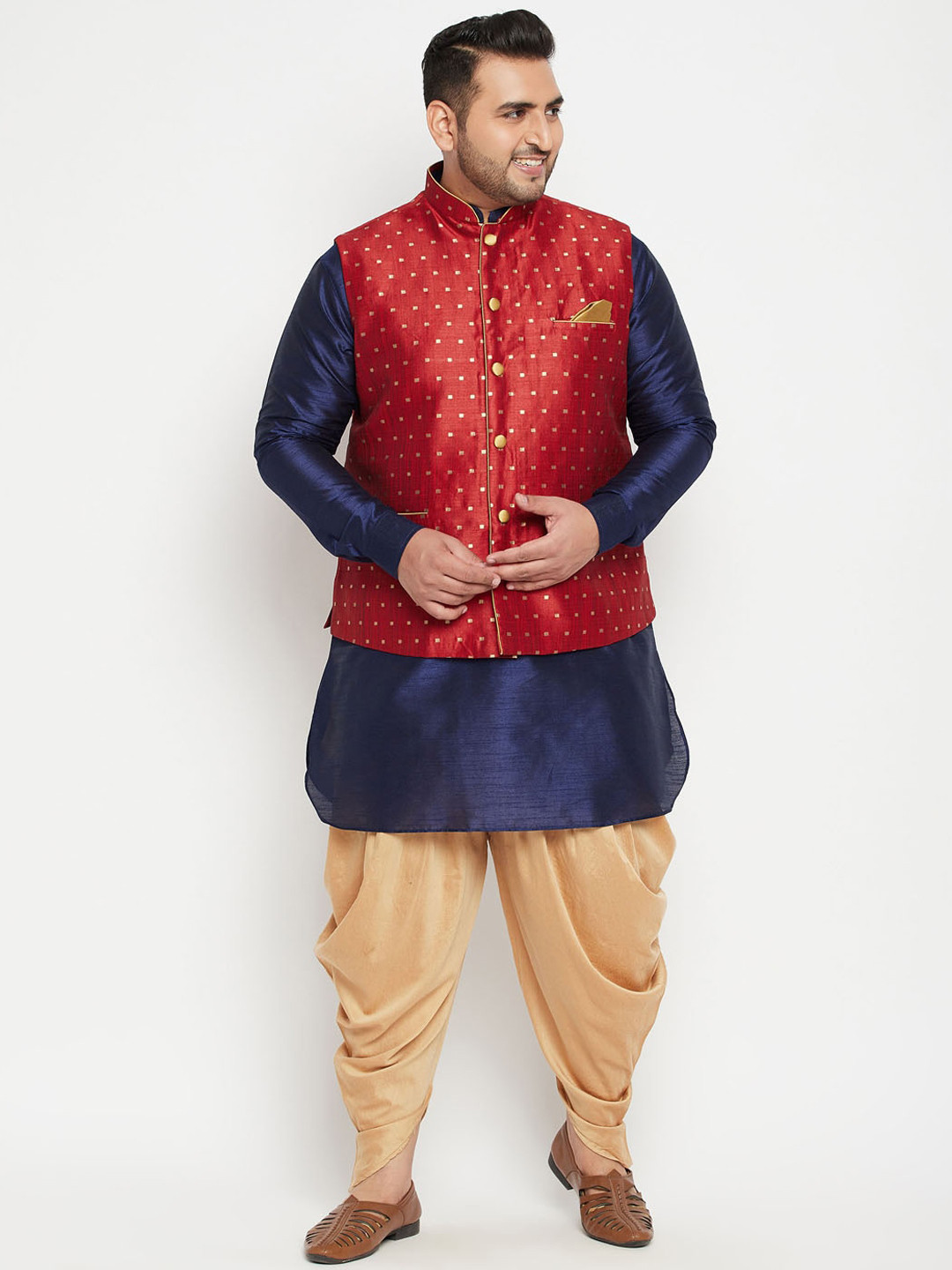 VASTRAMAY Men Navy Blue Embroidered Layered Kurta with Dhoti Pants