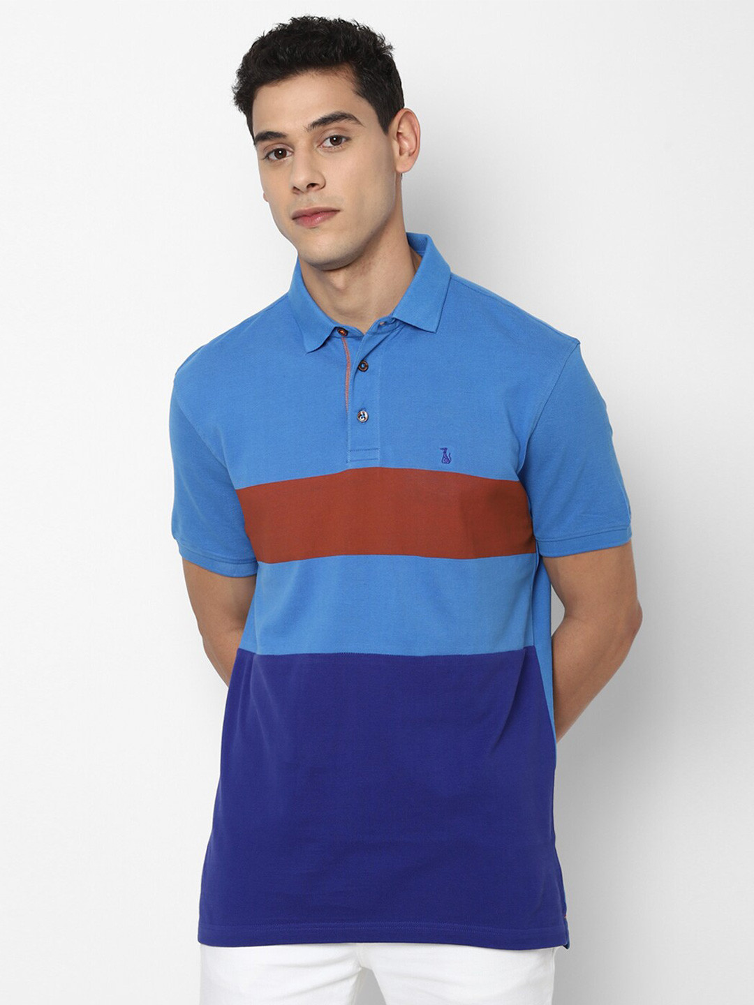 SIMON CARTER LONDON Men Blue & Red Striped Polo Collar Slim Fit T-shirt