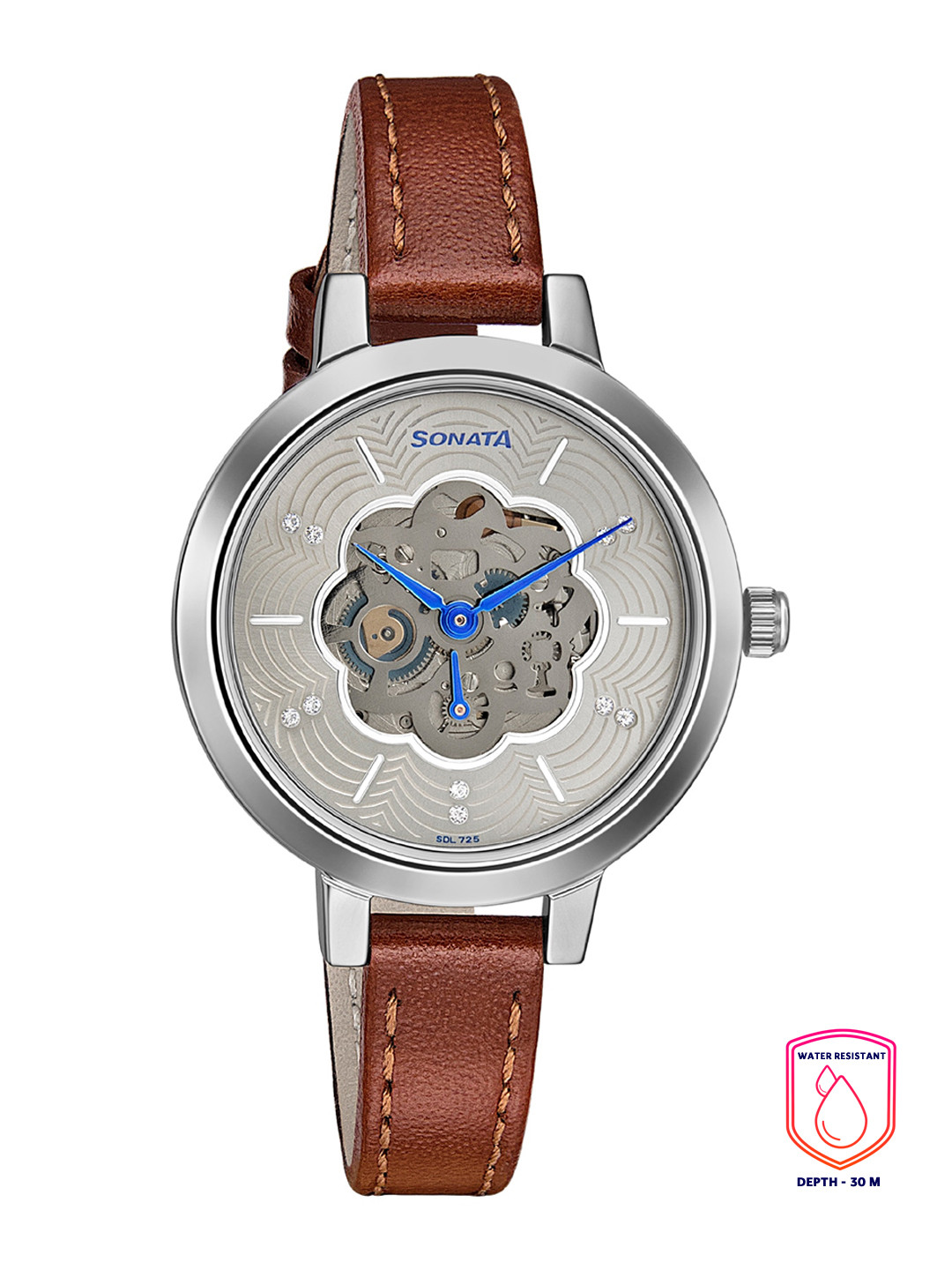 Sonata Women Silver-Toned  & Brown Skeleton Leather Analogue Watch 8141SL05
