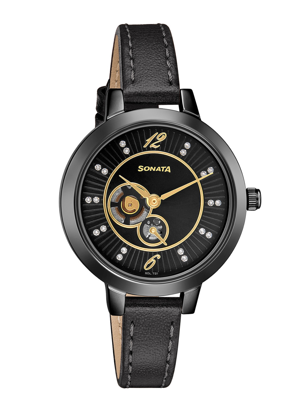 Sonata Women Black Brass Dial & Black Leather Bracelet Style Analogue Watch 8141NL03