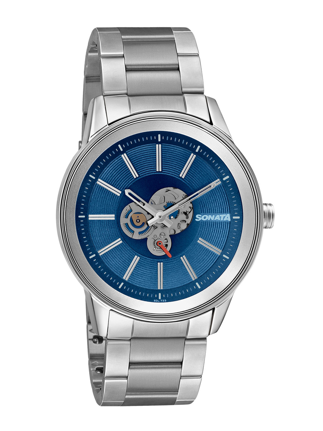 Sonata Blue Brass Skeleton Dial & Silver Toned Bracelet Style Analogue Watch 7133SM02