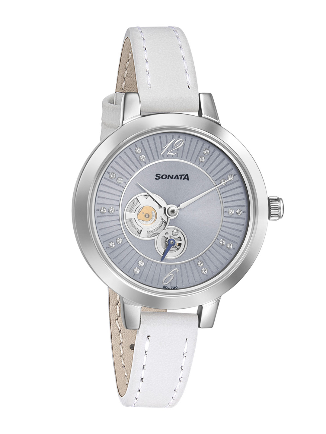 Sonata Women Blue Brass Dial & White Leather Straps Analogue Watch 8141SL04