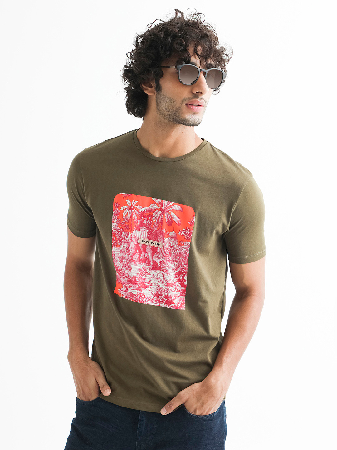 RARE RABBIT Men Olive Green Printed Slim Fit T-shirt