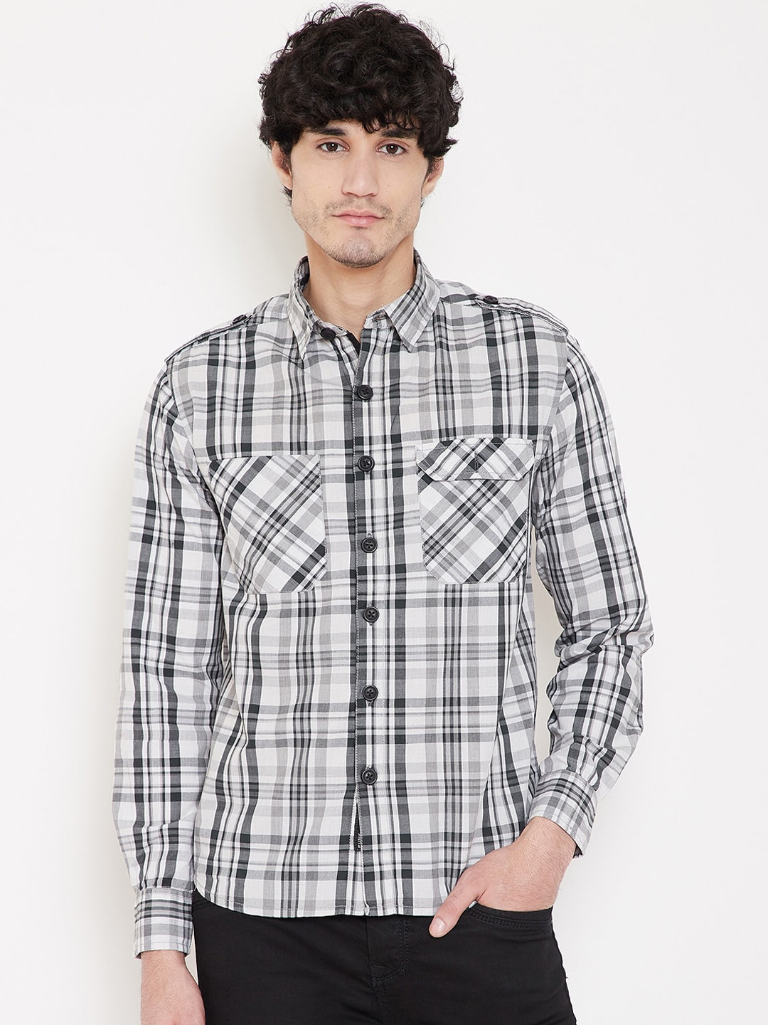 PUNK Men White Tartan Checks Opaque Checked Casual Shirt