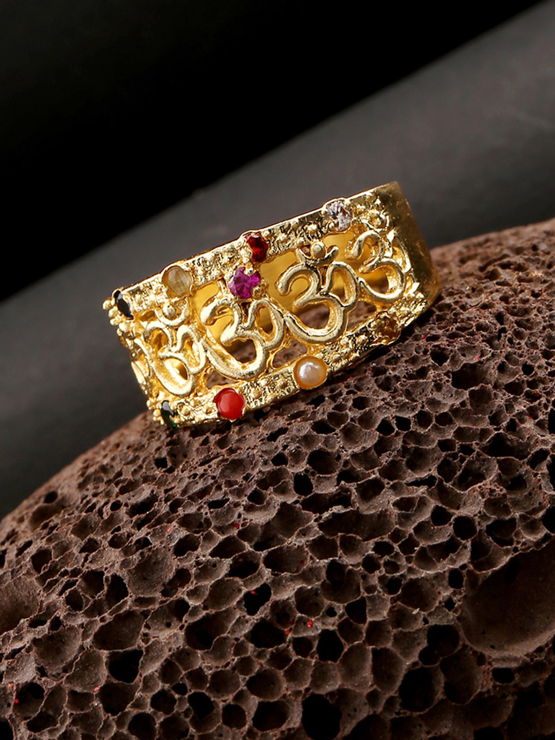 Dare by Voylla Men Gold-Plated Green & Pink Stone-Studded Finger Ring