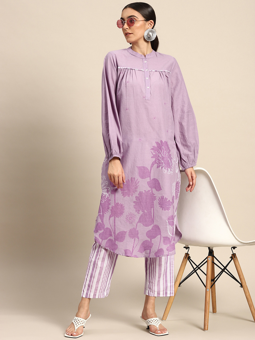 Anouk Women Lavender Floral Printed  Cotton Kurta with Trousers